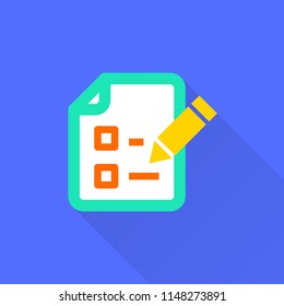 Survey vector icon with long shadow. Illustration isolated on blue background for graphic and web design.