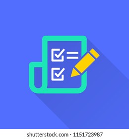 Survey vector icon with long shadow. Illustration isolated on blue background for graphic and web design.