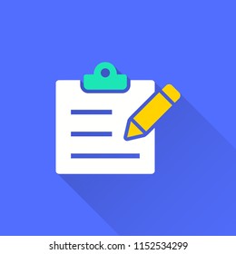 Survey vector icon with long shadow. Illustration isolated on blue background for graphic and web design.