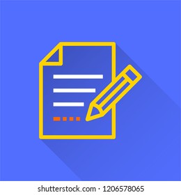 Survey vector icon with long shadow. Illustration isolated on blue background for graphic and web design.