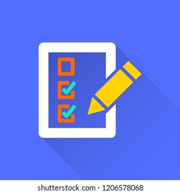 Survey vector icon with long shadow. Illustration isolated on blue background for graphic and web design.