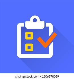 Survey vector icon with long shadow. Illustration isolated on blue background for graphic and web design.