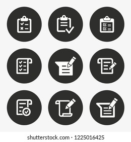 Survey vector icon. Set of fill, quality, task, compliance, approve and more. Round button.