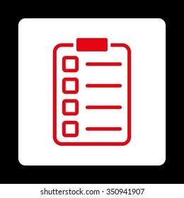 Survey vector icon. Style is flat rounded square button, red and white colors, black background.