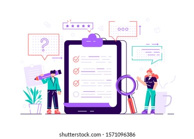 Ilustración vectorial de la encuesta. Concepto de minipersonas planas con prueba de calidad e informe de satisfacción. Comentarios de los clientes o formulario de opinión. El cliente responde a la comprensión con el equipo de investigación profesional.