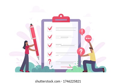 Ilustración vectorial de la encuesta. Concepto de mini personas planas con prueba de calidad e informe de satisfacción. Comentarios de los clientes o formulario de opinión. El cliente responde a la comprensión con el equipo de investigación profesional