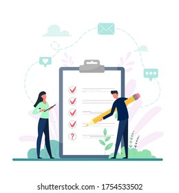 Survey vector illustration. Flat mini persons concept with quality test and satisfaction report. Feedback from customers or opinion form. Client answers understanding with professional research team