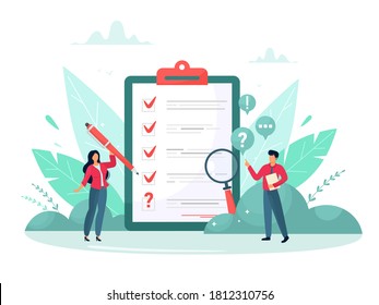 Survey vector illustration. Flat mini persons concept with quality test and satisfaction report. Feedback from customers or opinion form. Client answers understanding with professional research team