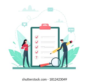 Survey vector illustration. Flat mini persons concept with quality test and satisfaction report. Feedback from customers or opinion form. Client answers understanding with professional research team