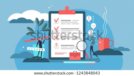 Survey vector illustration. Flat mini persons concept with quality test and satisfaction report. Feedback from customers or opinion form. Client answers understanding with professional research team.