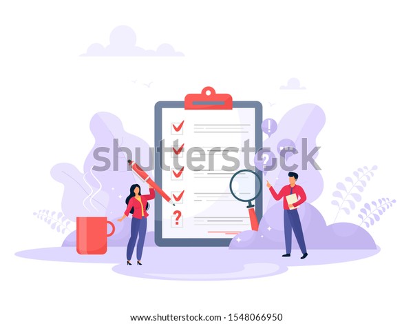 Survey vector illustration. Flat mini persons\
concept with quality test and satisfaction report. Feedback from\
customers or opinion form. Client answers understanding with\
professional research\
team