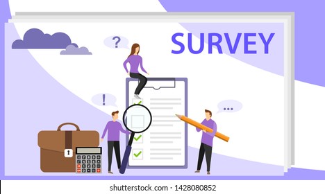 Survey vector illustration. People are being tested. Feedback from customers or opinion form. Client answers understanding with professional research team. Vector illustration, vector.