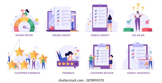 Survey Vector Illustration Set. People Giving Feedback, Choosing Answer, Making Decision and Research. Collection of Online Survey, Customer Review, Voting, Checklist, Client Feedback for Web Design