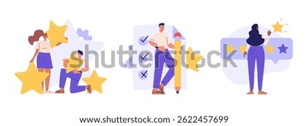 Survey Vector Illustration Set. People Giving Feedback, Choosing Answer, Making Decision and Research. Collection of Online Survey, Customer Review, Voting, Checklist, Client Feedback for Web Design