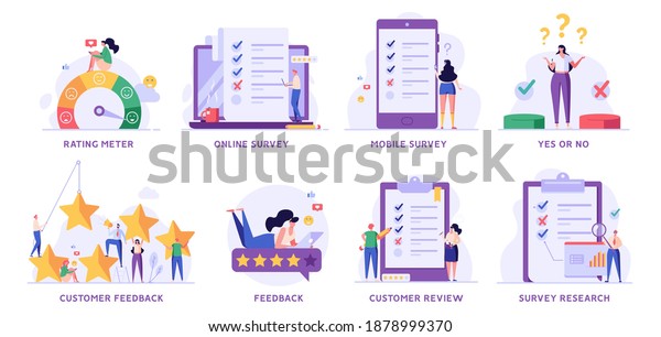 Survey Vector Illustration Set. People Giving\
Feedback, Choosing Answer, Making Decision and Research. Collection\
of Online Survey, Customer Review, Voting, Checklist, Client\
Feedback for Web Design