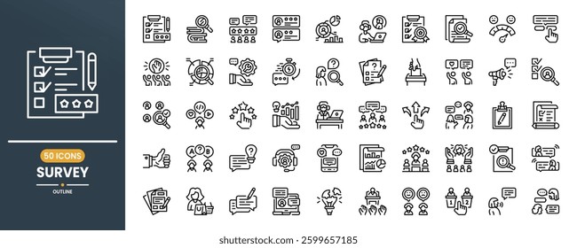 Survey vector line icon set. Contains linear outline icons like Feedback, Questionnaire, Voting, Rating, Review, Quiz, Poll, Satisfaction, Election, Chat, Checkmark, Choice. Editable use and stroke. 