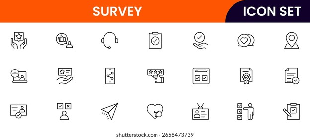 Iconos de línea de Vector de Encuesta que incluyen cuestionarios, Casillas de verificación, gráficos, recopilación de datos, formularios de Comentarios, análisis, encuestas, respuestas y conocimientos estadísticos.