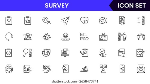Iconos de línea de Vector de Encuesta que incluyen cuestionarios, Casillas de verificación, gráficos, recopilación de datos, formularios de Comentarios, análisis, encuestas, respuestas y conocimientos estadísticos.