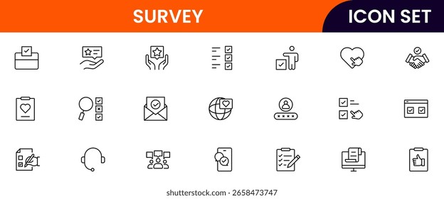 Symbole für Erhebungsvektorzeilen mit Fragebögen, Kontrollkästchen, Diagrammen, Datensammlung, Feedbackformularen, Analysen, Umfragen, Antworten und statistischen Einblicken.