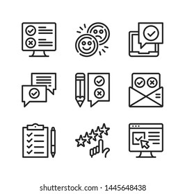 Survey vector line icons. Quiz, checklist, review, rating, questionnaire concepts. Simple outline symbols, modern linear graphic elements collection. Line icons set