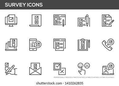 Survey vector line icons set. Rating, checklist, questionnaire results, internet test. Perfect pixel icons, such can be scaled to 24, 48, 96 pixels.