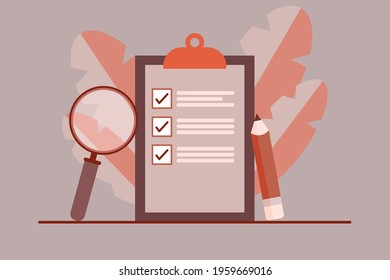 Survey vector. Marked checklist on clipboard paper. Successful completion.