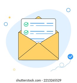 Survey vote email checklist icon vector or mail letter with online task exam form selection flat cartoon illustration, concept of digital envelope with questionnaire quiz document with check marks
