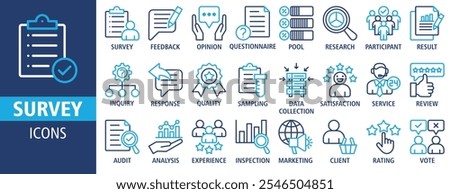 Survey web banner icon set vector illustration. Containing feedback, opinion, questionnaire, poll, research, data collection, review and satisfaction icons. Survey icon set solid vector collection.