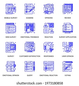 Survey web flat line icons set. Pack outline pictogram of review, emotional feedback, customer satisfaction, customer opinion concept. Vector illustration of symbols for website mobile app design