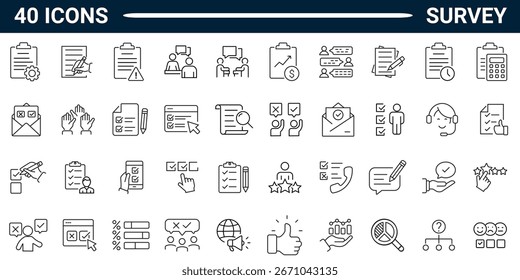 Conjunto de iconos de Web de Encuesta en estilo de línea. Colección de Comentarios Iconos lineales, incluyendo pregunta, opinión, satisfacción, opinión, investigación, revisión, satisfacción, tarea, encuesta, respuesta y más. Trazo editable