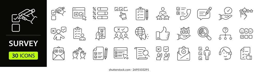 Conjunto de iconos de Web de Encuesta en estilo de línea. Colección de Comentarios Iconos lineales, incluyendo pregunta, opinión, satisfacción, opinión, investigación, revisión, satisfacción, tarea, encuesta, respuesta y más. Trazo editable