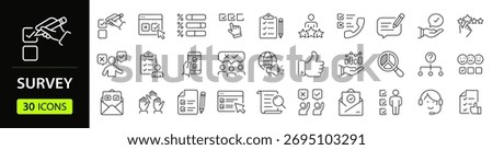 Survey Web Icon Set in Line Style. Collection of feedback Linear Icons, Including question, opinion, satisfaction, opinion, research, review, satisfaction, task, poll, answer and More. Editable Stroke