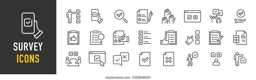 Survey web icons in line style. Opinions, rewiev, feedback, exam, collection. Vector illustration.