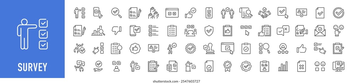 Encuesta de iconos web en estilo de línea. Opiniones, rewiev, Comentarios, examen, colección. Ilustración vectorial.