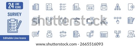 Survey web icons in line style. Contains icons as survey, feedback, review, evaluation, opinion, vote, assessment and more. Vector illustration.