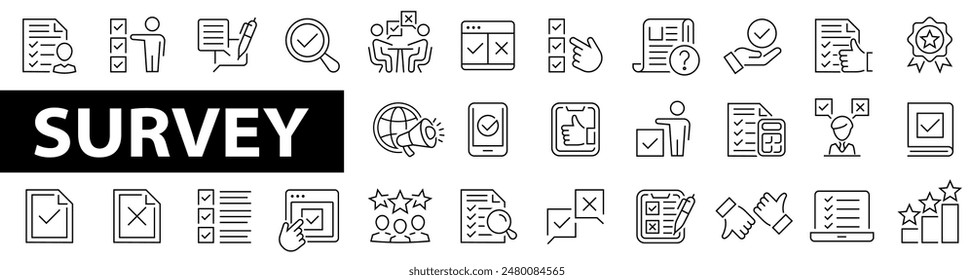 Conjunto de iconos web de Encuesta. Contiene reswiev, Comentarios, investigación, examen, opinión, reacción, resultados y más. Ilustración vectorial