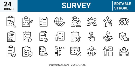 Ícones de linha da Web de pesquisa. Contendo feedback, opinião, questionário, pesquisa, coleta de dados, revisão, satisfação, tarefa, pesquisa, lista, área de transferência e muito mais