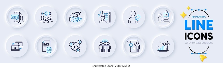 Iconos de la línea de conferencia Survey, Winner y Video para la aplicación web. Paquete de documentos manuales, votación en línea, iconos de pictograma de huellas digitales. Personal médico, bloqueo, señalización grupal de empleados. Subcontratar trabajo. Vector