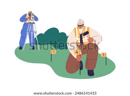 Surveying engineers at work. Surveyors measuring distance, angle with theodolite on tripod and stakes. Professional geodesy, topography equipment. Flat vector illustration isolated on white background