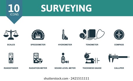 Surveying icons set. Creative icons: scales, speedometer, hygrometer, tonometer, compass, rangefinder, radiation meter, sound level meter, thickness gauge, calliper.