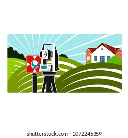 Surveying and mapping illustration of surveying instruments and green fields