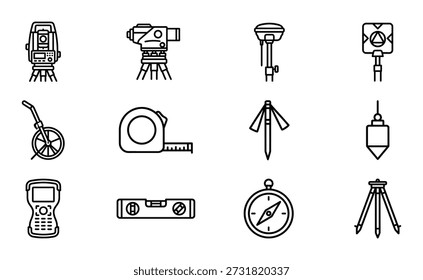 Surveying tools, level transit, measuring wheel and plumb bob for civil engineering, architecture. Vector eps