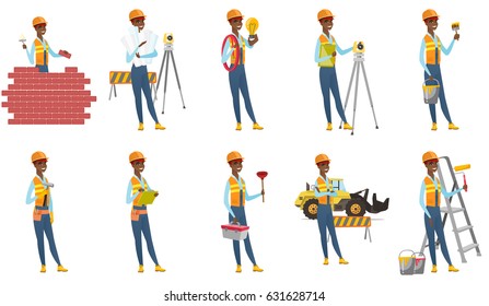 Surveyor builder holding clippboard and working with theodolite. Young surveyor builder standing near theodolite transit equipment. Set of vector flat design illustrations isolated on white background