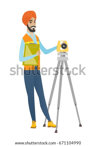  surveyor builder holding clippboard and working with theodolite. Young surveyor builder standing near theodolite transit equipment. Vector flat design illustration isolated on white background.