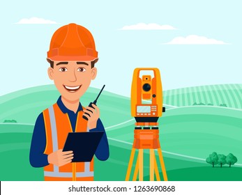 Surveyor, cadastral engineer, cartographer, cartoon smile character, theodolite, total station, surveying equipment. Summer landscape with green hills, fields and trees. Vector flat illustration.