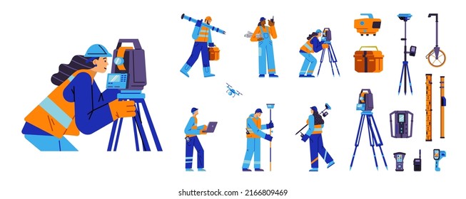 Surveyor characters and equipment set, flat style, vector illustration isolated on white background. Male and female persons n blue suits and orange vests do geodetic measurements