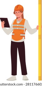 Surveyor civil engineer woman using measuring equipment leveling rod. Geodesy worker with topographic tool. Cartoon female character worker of construction measuring. Vector flat illustration isolated