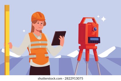 Surveyor civil engineer woman using measuring equipment level theodolite on tripod and leveling rod. Geodesy worker with topographic tools. Construction measuring flat vector isolated in frame