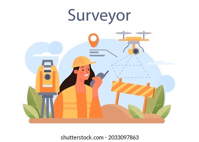 Surveyor concept. Land surveying technology, geodesy science. Construction business, mapmaking and real estate project. People with compass, map and topographic equipment. Flat vector illustration