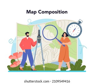 Surveyor Concept. Land Surveying Technology, Geodesy Science. Construction Business, Mapmaking And Real Estate Project. People With Compass, Map And Topographic Equipment. Flat Vector Illustration